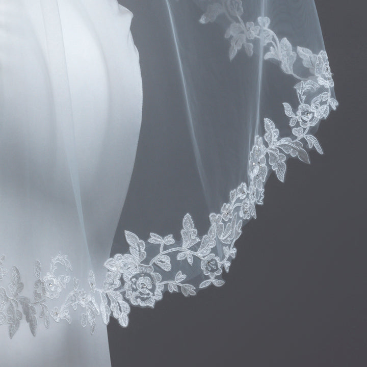 FS6217 Floral Vine Embroidered Lace Rhinestones Veil 36" 42" 108"