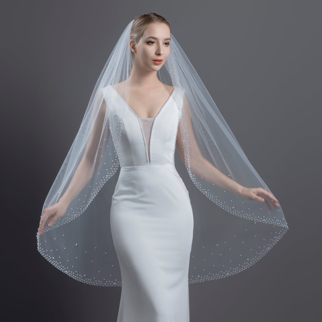 Bridal Veil with Pearls with Wide Edge, Fine Illusion Tulle, Fingertip, Knee Length FS6253