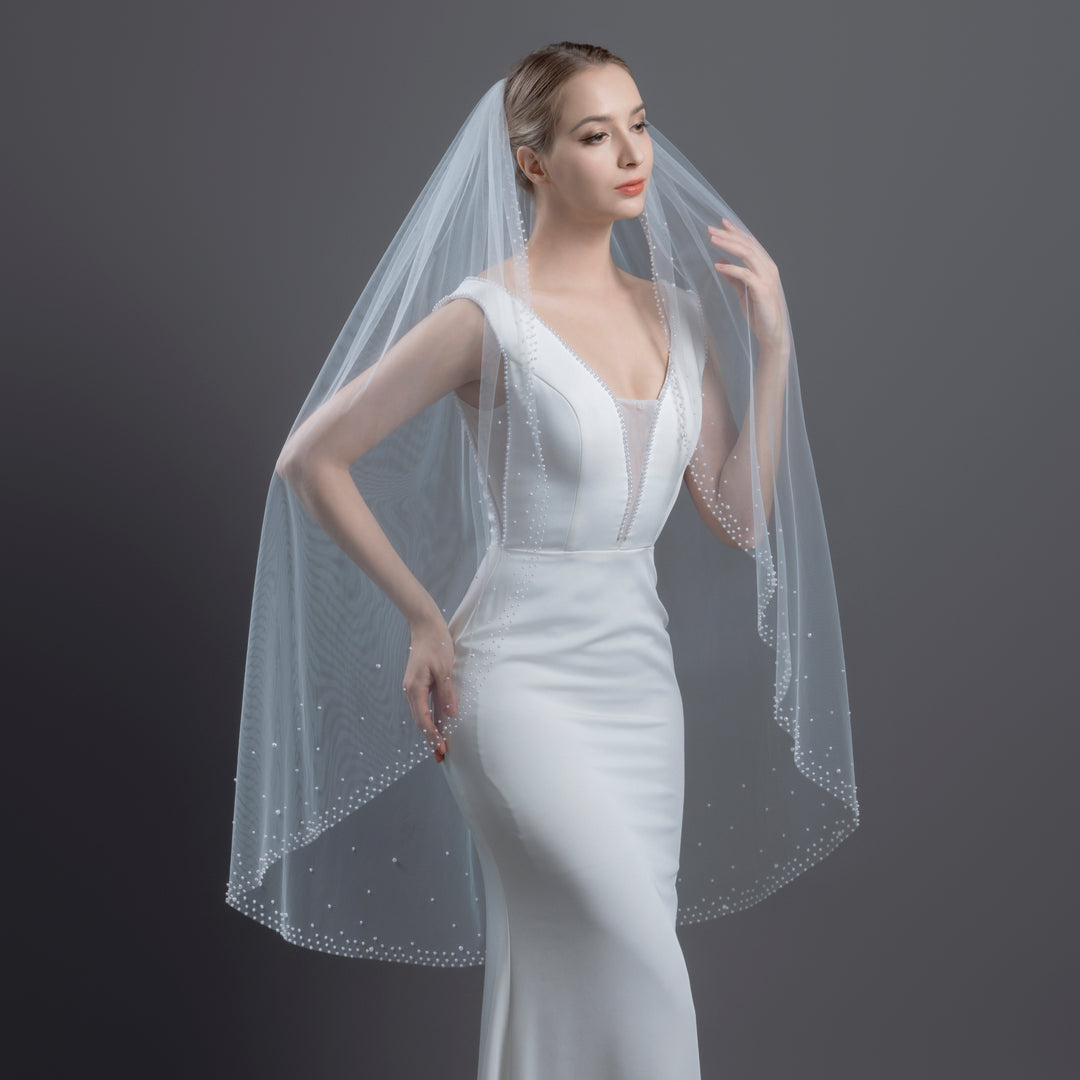 Bridal Veil with Pearls with Wide Edge, Fine Illusion Tulle, Fingertip, Knee Length FS6253