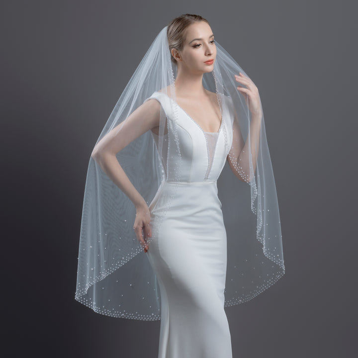 Bridal Veil with Pearls with Wide Edge, Fine Illusion Tulle, Fingertip, Knee Length FS6253