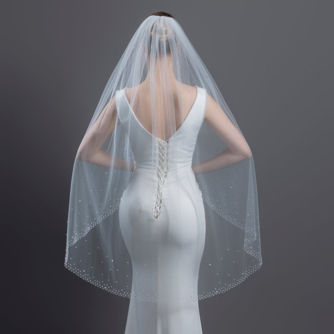 Bridal Veil with Pearls with Wide Edge, Fine Illusion Tulle, Fingertip, Knee Length FS6253