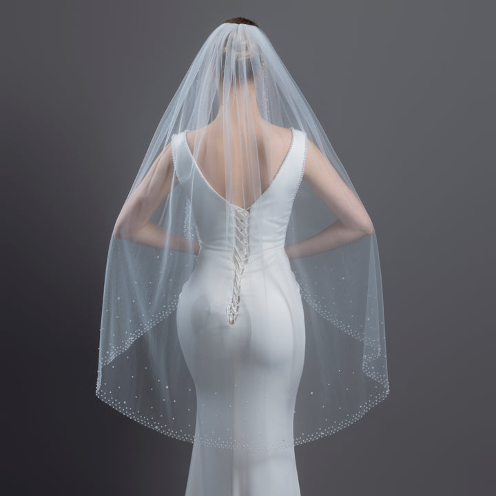 Bridal Veil with Pearls with Wide Edge, Fine Illusion Tulle, Fingertip, Knee Length FS6253