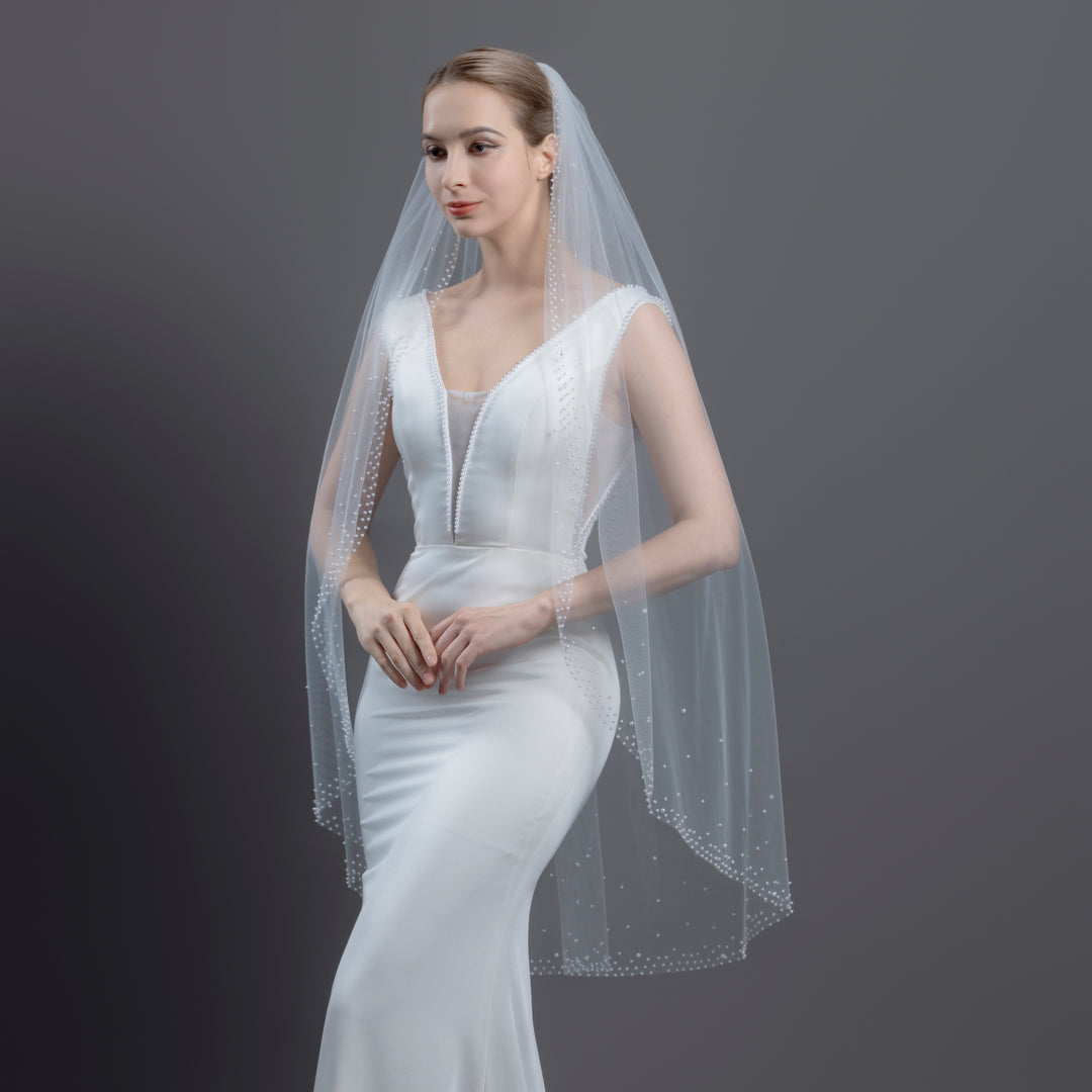 Bridal Veil with Pearls with Wide Edge, Fine Illusion Tulle, Fingertip, Knee Length FS6253