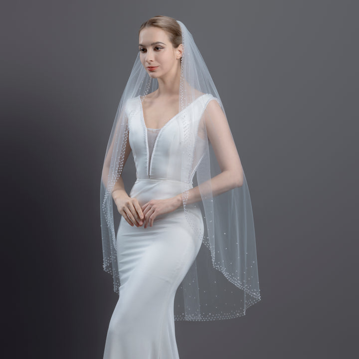 Bridal Veil with Pearls with Wide Edge, Fine Illusion Tulle, Fingertip, Knee Length FS6253