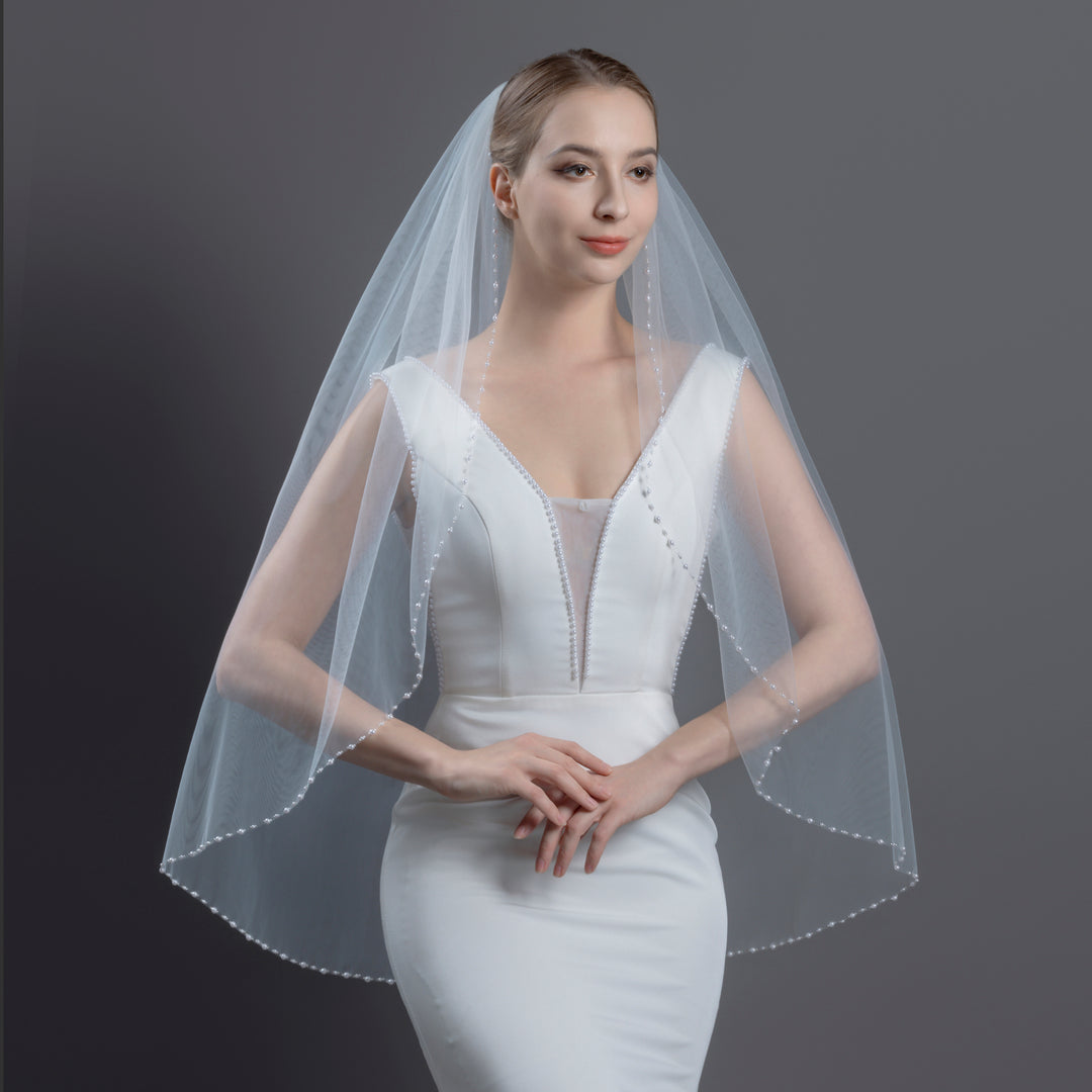 Pearl Beaded Edge Bridal Veil with Faux Pearls, Fine Illusion Tulle, Fingertip Length FS6259
