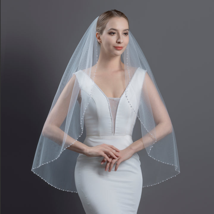 Pearl Beaded Edge Bridal Veil with Faux Pearls, Fine Illusion Tulle, Fingertip Length FS6259
