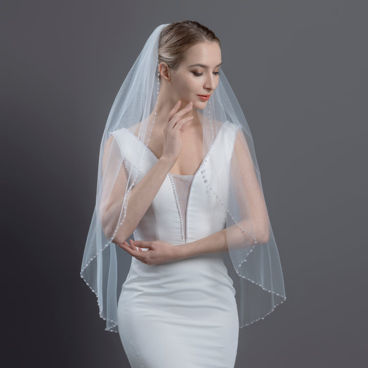 Pearl Beaded Edge Bridal Veil with Faux Pearls, Fine Illusion Tulle, Fingertip Length FS6259