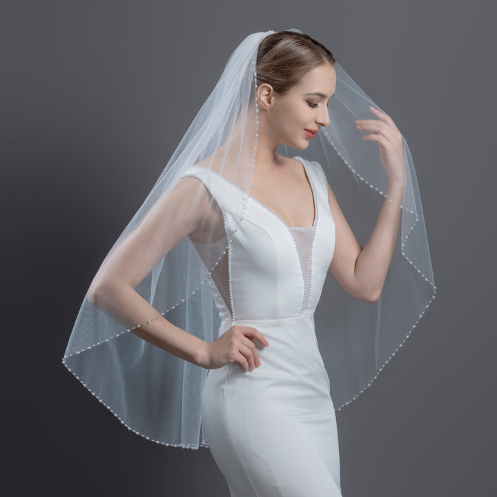 Pearl Beaded Edge Bridal Veil with Faux Pearls, Fine Illusion Tulle, Fingertip Length FS6259