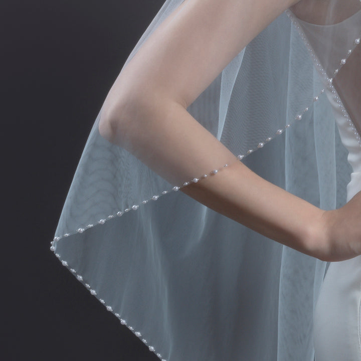 Pearl Beaded Edge Bridal Veil with Faux Pearls, Fine Illusion Tulle, Fingertip Length FS6259