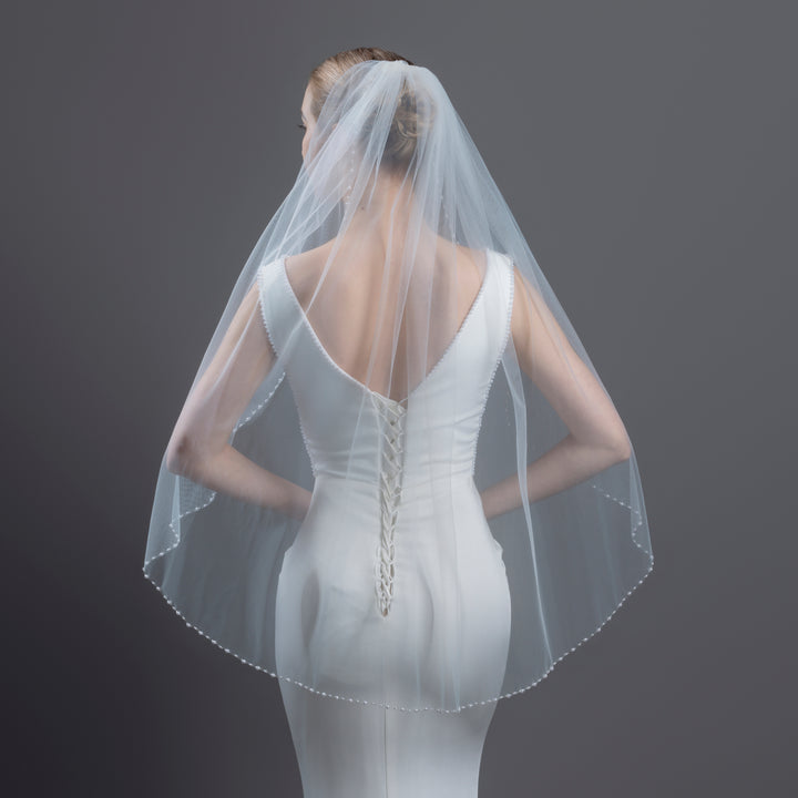 Pearl Beaded Edge Bridal Veil with Faux Pearls, Fine Illusion Tulle, Fingertip Length FS6259