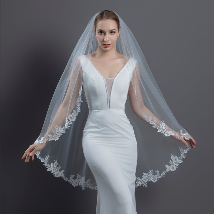 FS6305 Floral Vine Embroidered Lace Crystals Veil 45"