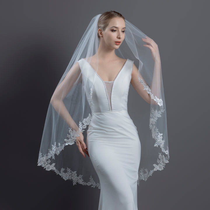 FS6305 Floral Vine Embroidered Lace Crystals Veil 45"