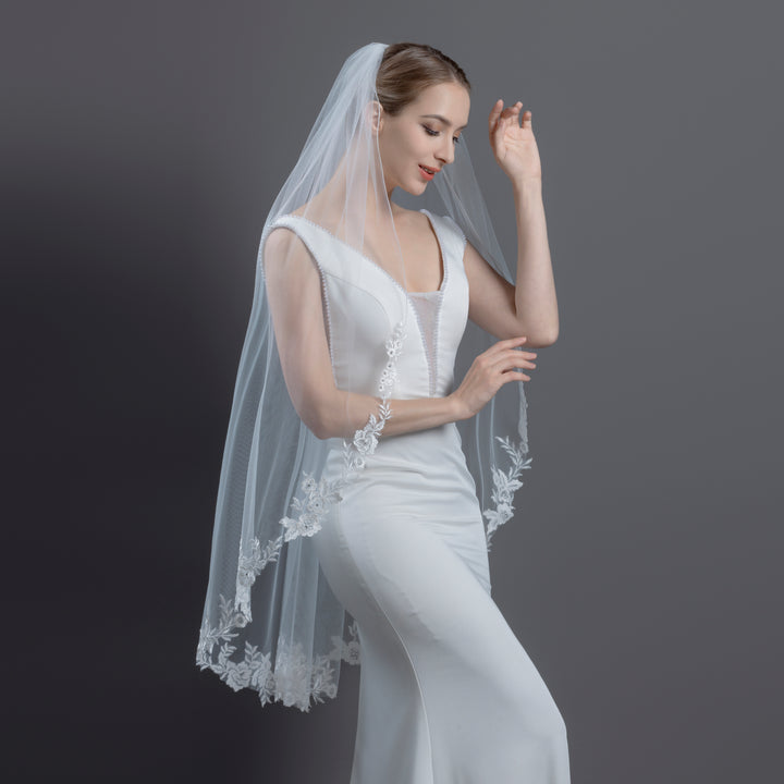 FS6305 Floral Vine Embroidered Lace Crystals Veil 45"