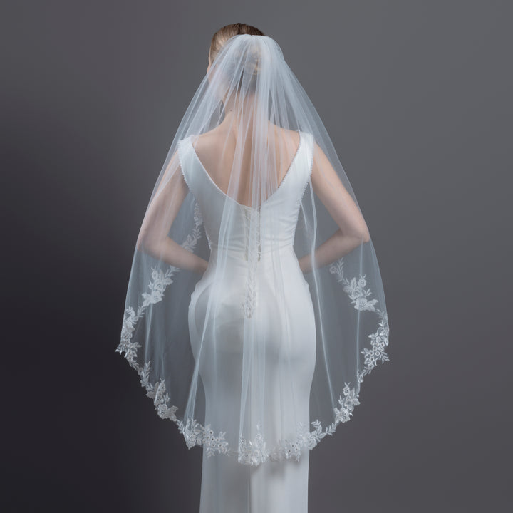 FS6305 Floral Vine Embroidered Lace Crystals Veil 45"