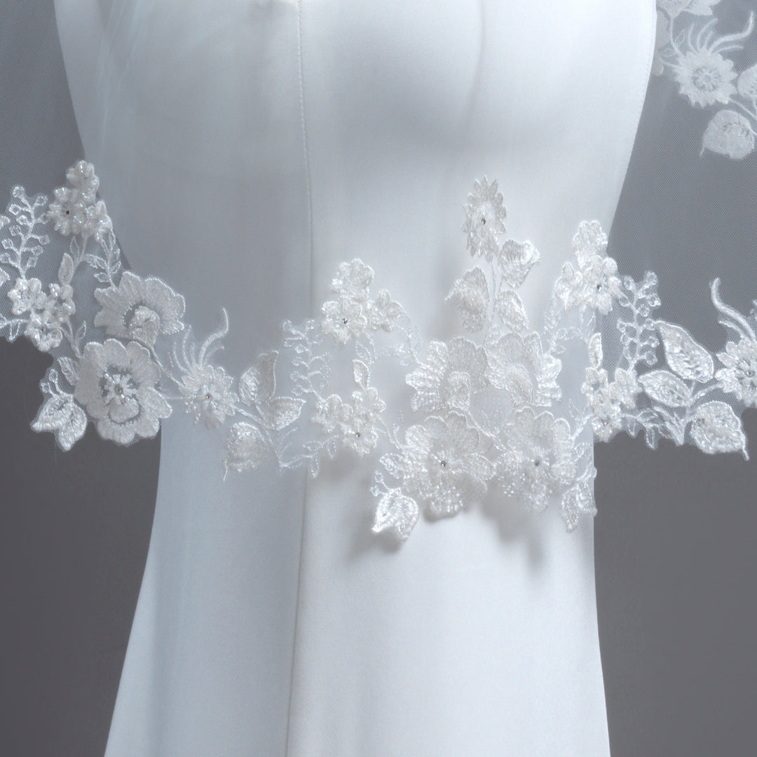 FS6230 Floral Vine Embroidered Lace Rhinestones Beaded Veil 42" 54" 120"