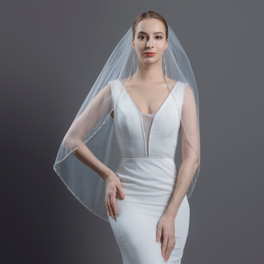 Double Pearl Beaded Bridal Veil, Fine Illusion Tulle, Elbow, Fingertip Length FS6368