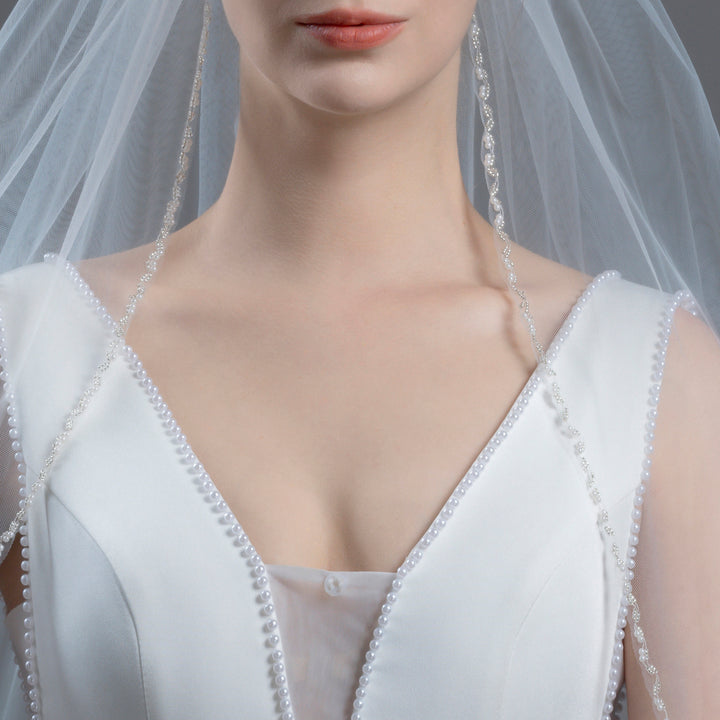 Double Pearl Beaded Bridal Veil, Fine Illusion Tulle, Elbow, Fingertip Length FS6368