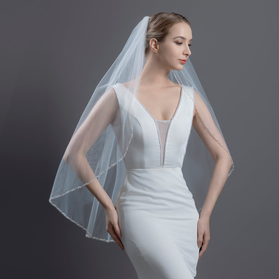 Double Pearl Beaded Bridal Veil, Fine Illusion Tulle, Elbow, Fingertip Length FS6368