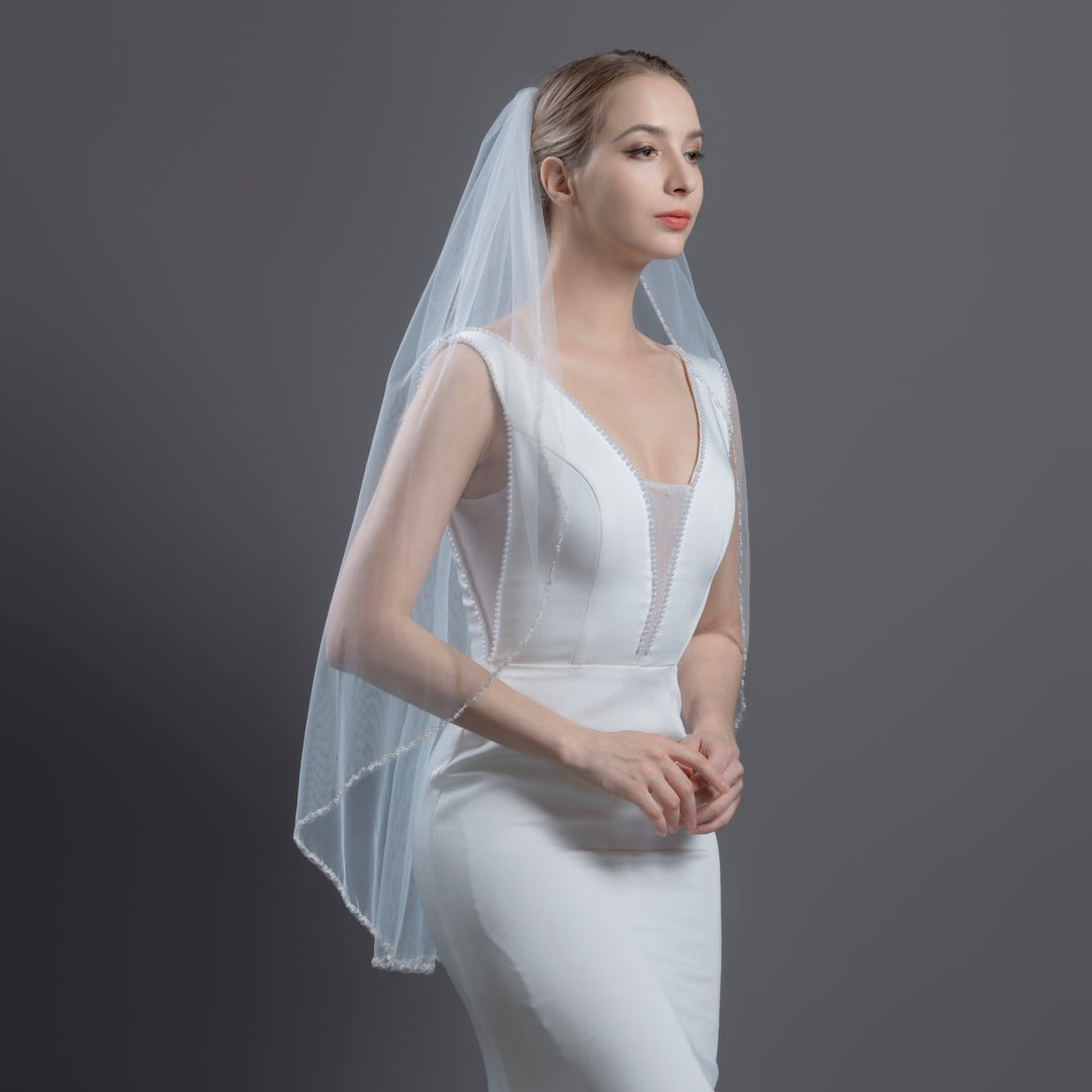 Double Pearl Beaded Bridal Veil, Fine Illusion Tulle, Elbow, Fingertip Length FS6368