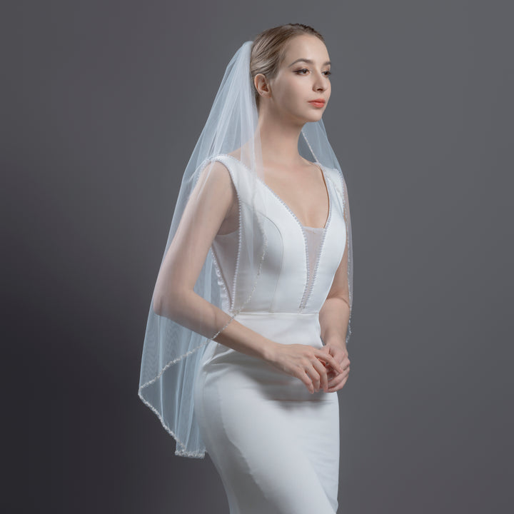 Double Pearl Beaded Bridal Veil, Fine Illusion Tulle, Elbow, Fingertip Length FS6368