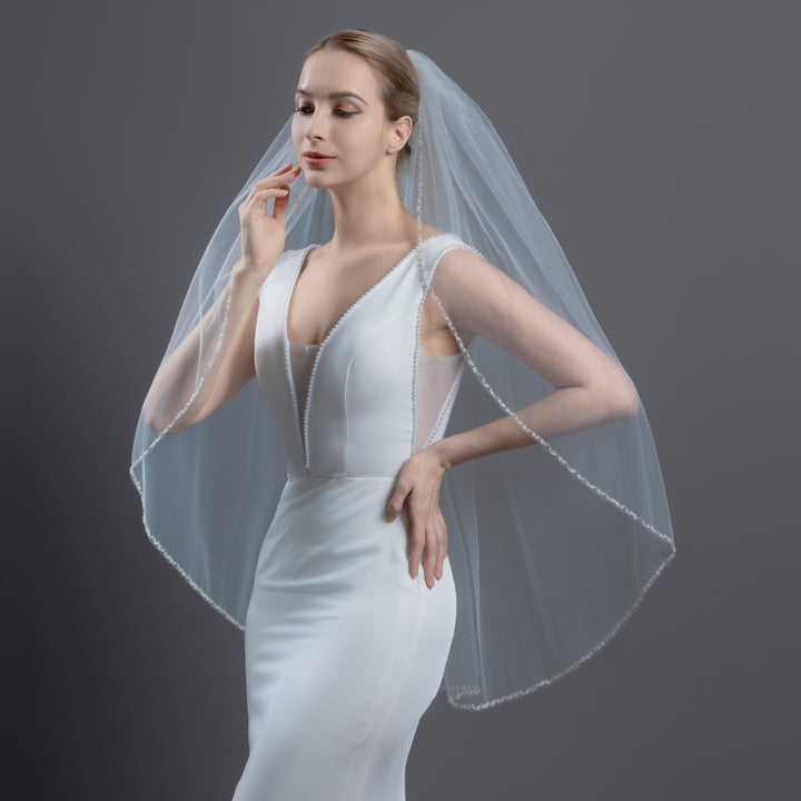 Double Pearl Beaded Bridal Veil, Fine Illusion Tulle, Elbow, Fingertip Length FS6368