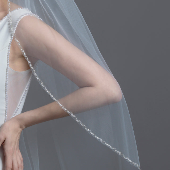 Double Pearl Beaded Bridal Veil, Fine Illusion Tulle, Elbow, Fingertip Length FS6368