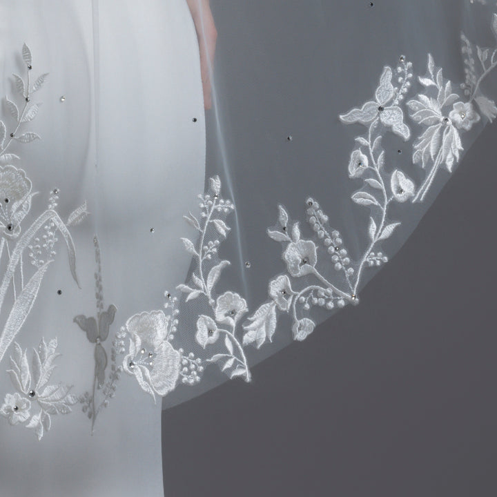 FS6235 Floral Vine Embroidered Lace Rhinestones Veil 42" 54"
