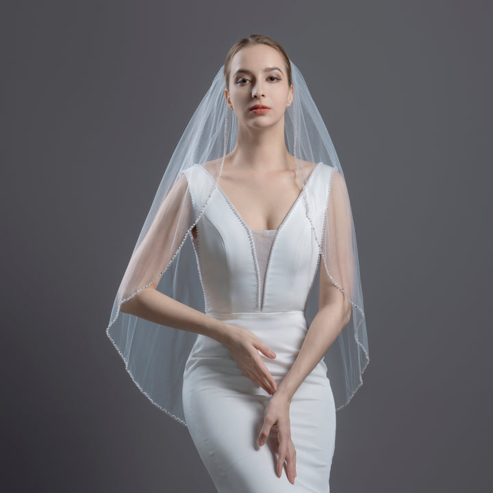 FS6338 Pearl Crystal Beaded Edge Veil 30" 36"