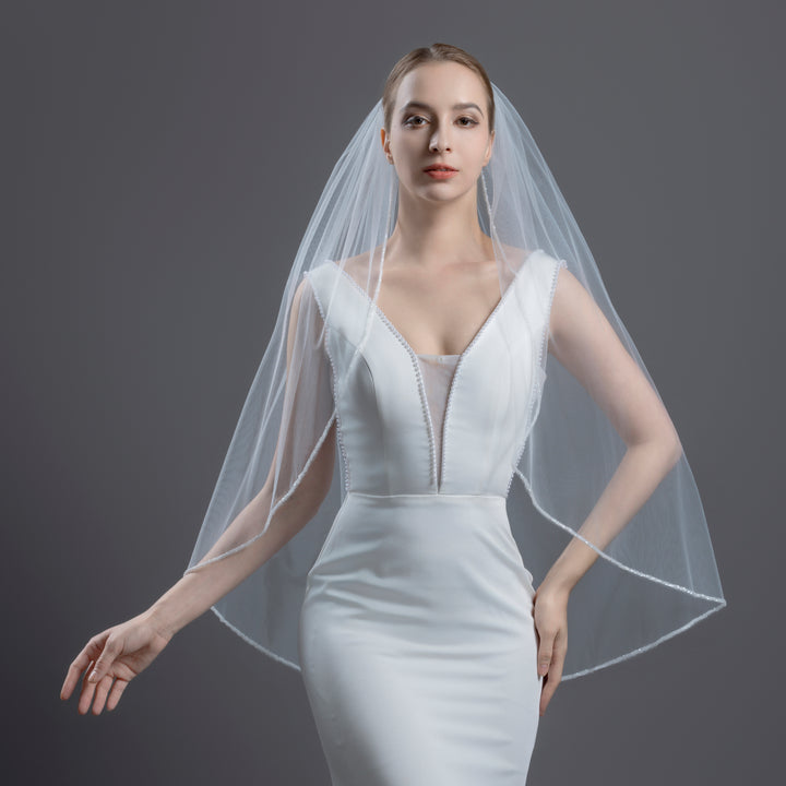 Beaded Edge Bridal Veil, Frosted Beads, Fine Illusion Tulle, Fingertip, Knee Length FS6280