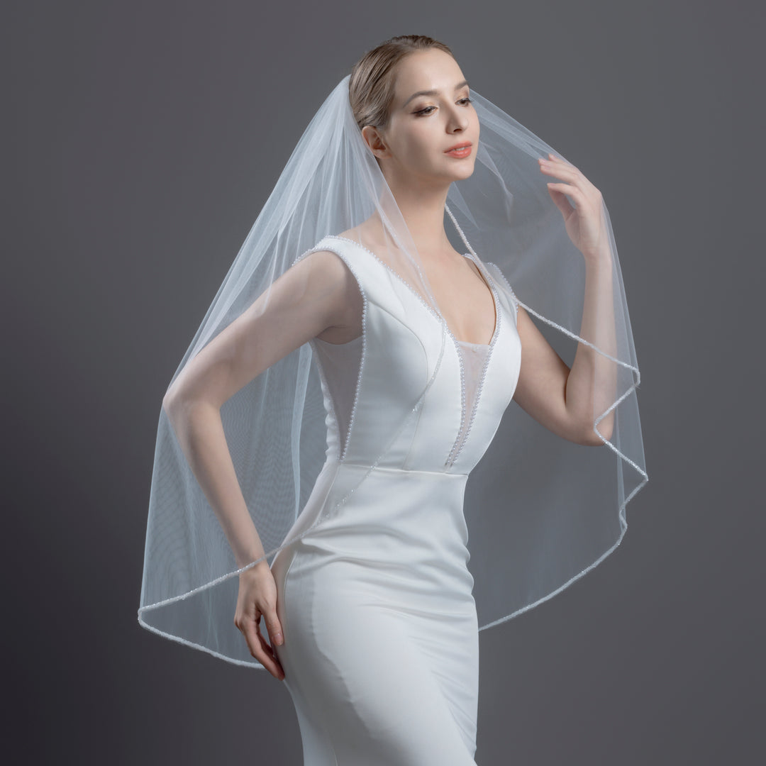 Beaded Edge Bridal Veil, Frosted Beads, Fine Illusion Tulle, Fingertip, Knee Length FS6280