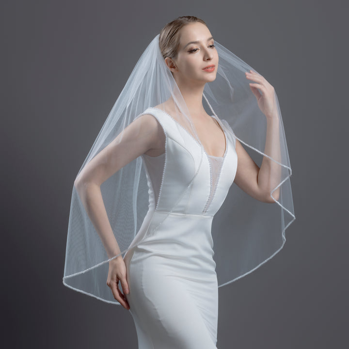 Beaded Edge Bridal Veil, Frosted Beads, Fine Illusion Tulle, Fingertip, Knee Length FS6280