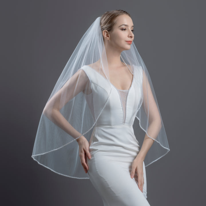 Beaded Edge Bridal Veil, Frosted Beads, Fine Illusion Tulle, Fingertip, Knee Length FS6280