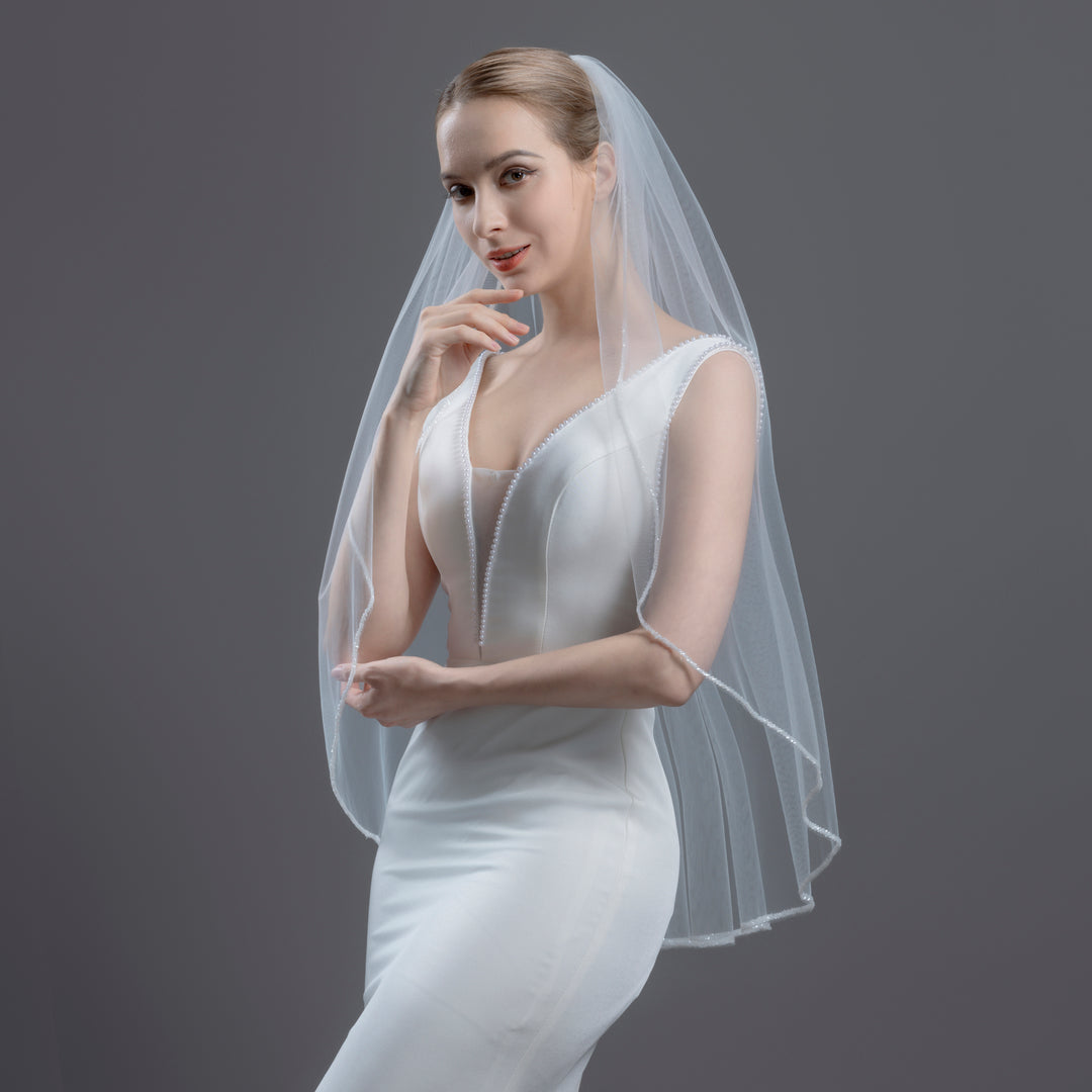 Beaded Edge Bridal Veil, Frosted Beads, Fine Illusion Tulle, Fingertip, Knee Length FS6280