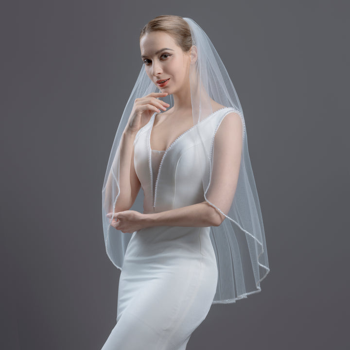 Beaded Edge Bridal Veil, Frosted Beads, Fine Illusion Tulle, Fingertip, Knee Length FS6280