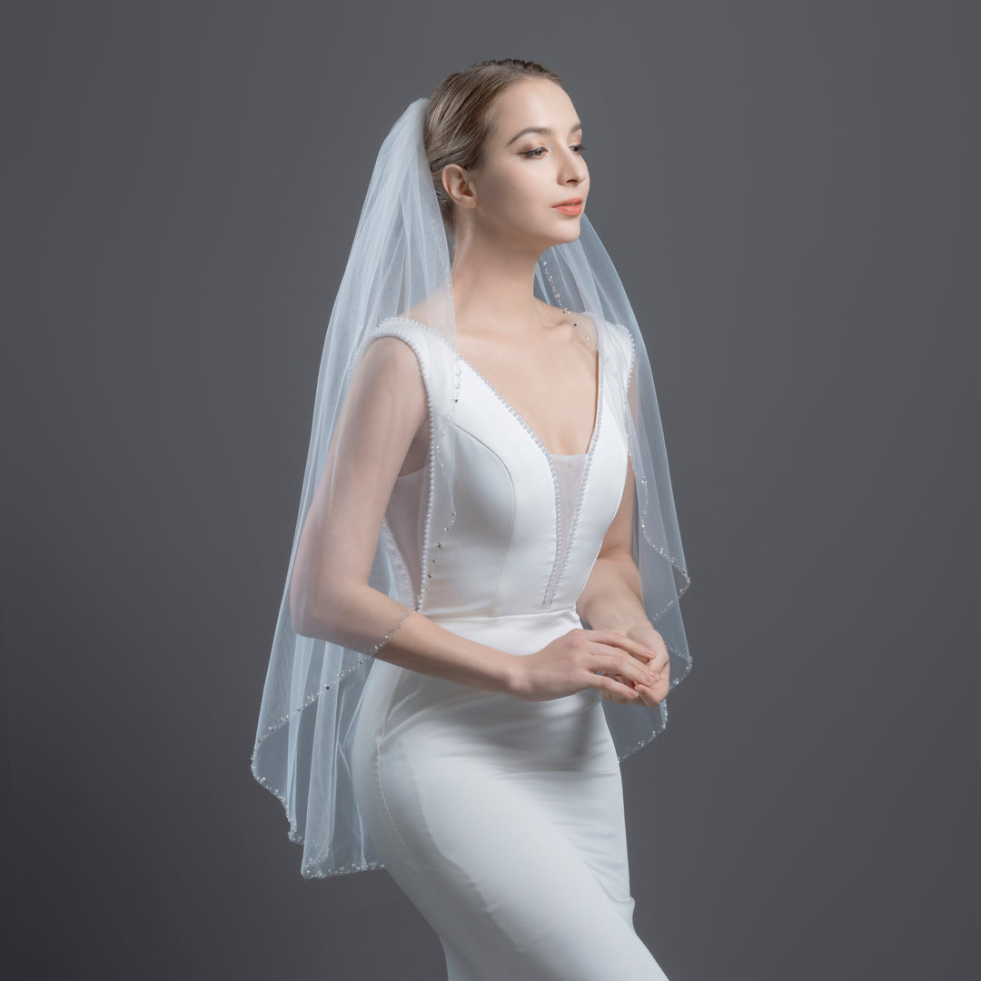 Beaded Bridal Veil with Pearls, Rhinestones, Fine Illusion Tulle, Elbow, Fingertip Length FS6336