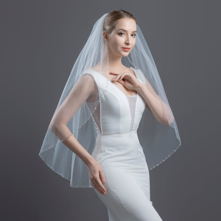 Beaded Bridal Veil with Pearls, Rhinestones, Fine Illusion Tulle, Elbow, Fingertip Length FS6336