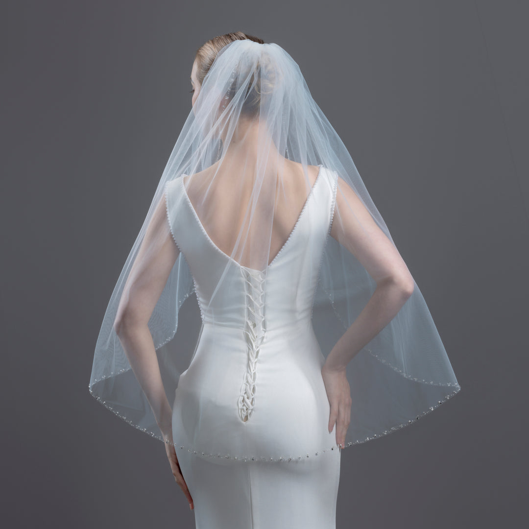 Beaded Bridal Veil with Pearls, Rhinestones, Fine Illusion Tulle, Elbow, Fingertip Length FS6336