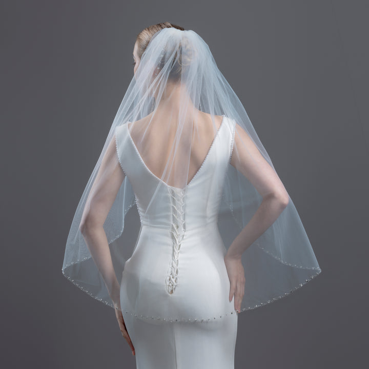 Beaded Bridal Veil with Pearls, Rhinestones, Fine Illusion Tulle, Elbow, Fingertip Length FS6336