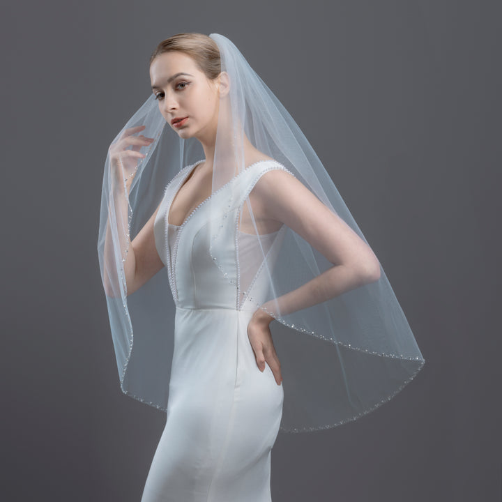 Beaded Bridal Veil with Pearls, Rhinestones, Fine Illusion Tulle, Elbow, Fingertip Length FS6336