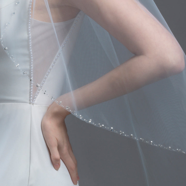 Beaded Bridal Veil with Pearls, Rhinestones, Fine Illusion Tulle, Elbow, Fingertip Length FS6336