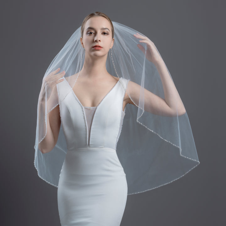 Beaded Edge Bridal Veil with Faux Pearls, Fine Illusion Tulle, Elbow, Fingertip Length FS6332