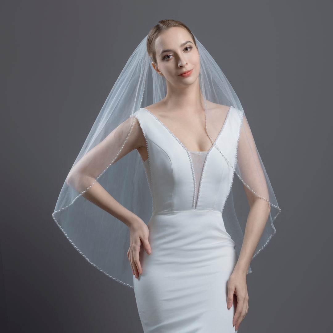 Beaded Edge Bridal Veil with Faux Pearls, Fine Illusion Tulle, Elbow, Fingertip Length FS6332