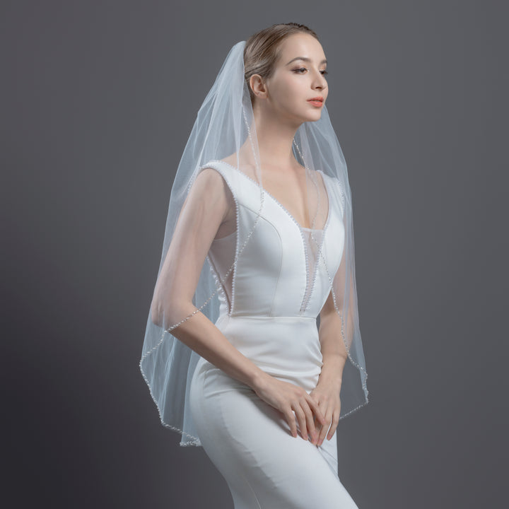 Beaded Edge Bridal Veil with Faux Pearls, Fine Illusion Tulle, Elbow, Fingertip Length FS6332