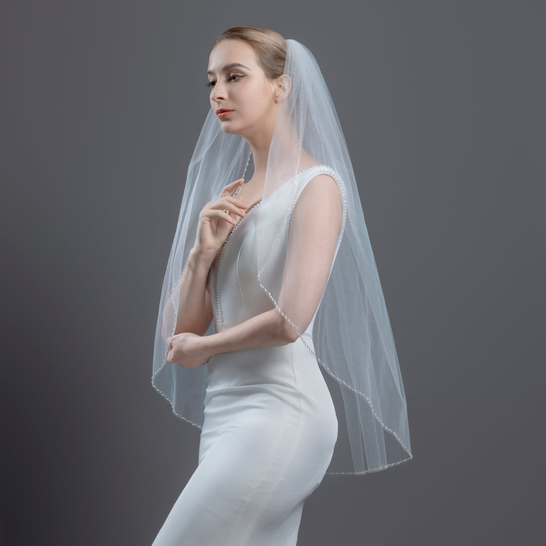 Beaded Edge Bridal Veil with Faux Pearls, Fine Illusion Tulle, Elbow, Fingertip Length FS6332