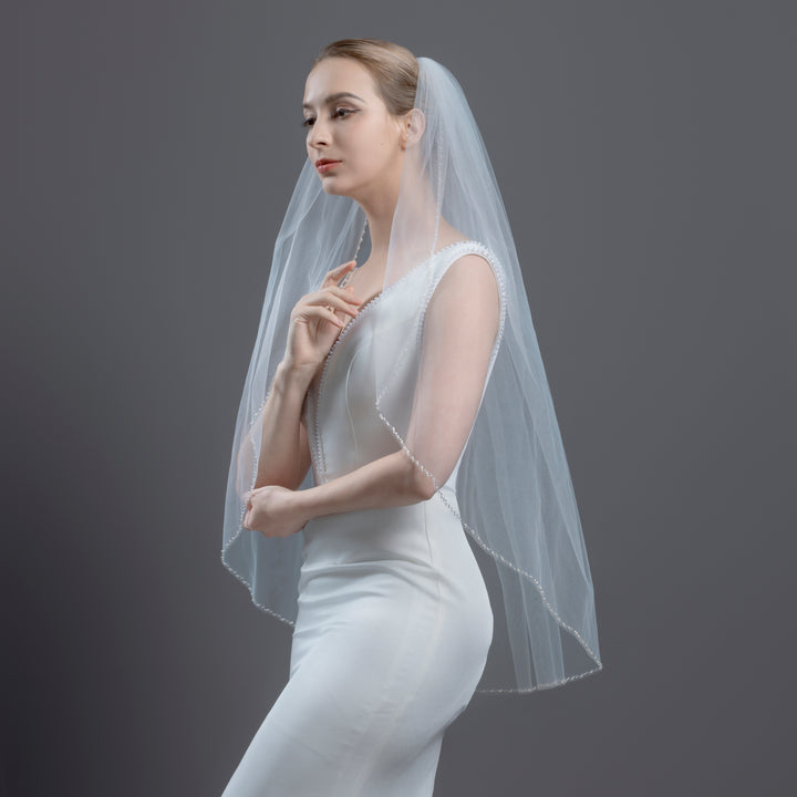 Beaded Edge Bridal Veil with Faux Pearls, Fine Illusion Tulle, Elbow, Fingertip Length FS6332