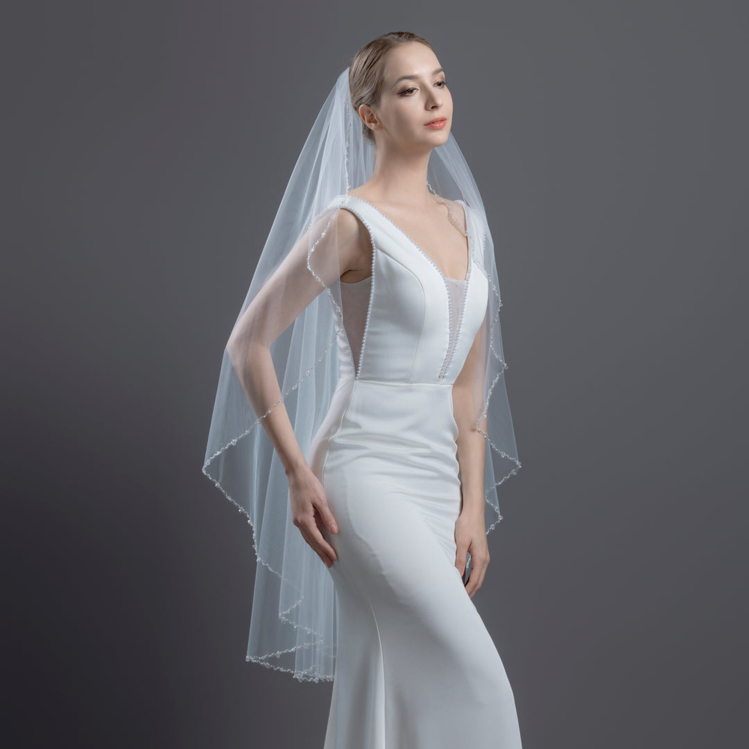 Angel Cut Bridal Veil with Bicone Crystal and Faux Pearls, Fine Illusion Tulle, Knee Length FS6244-AC