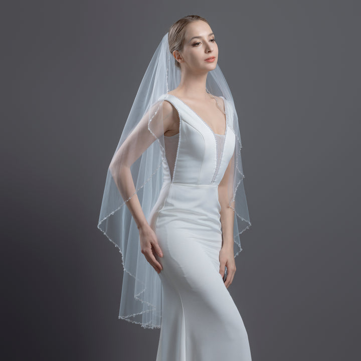 Angel Cut Bridal Veil with Bicone Crystal and Faux Pearls, Fine Illusion Tulle, Knee Length FS6244-AC