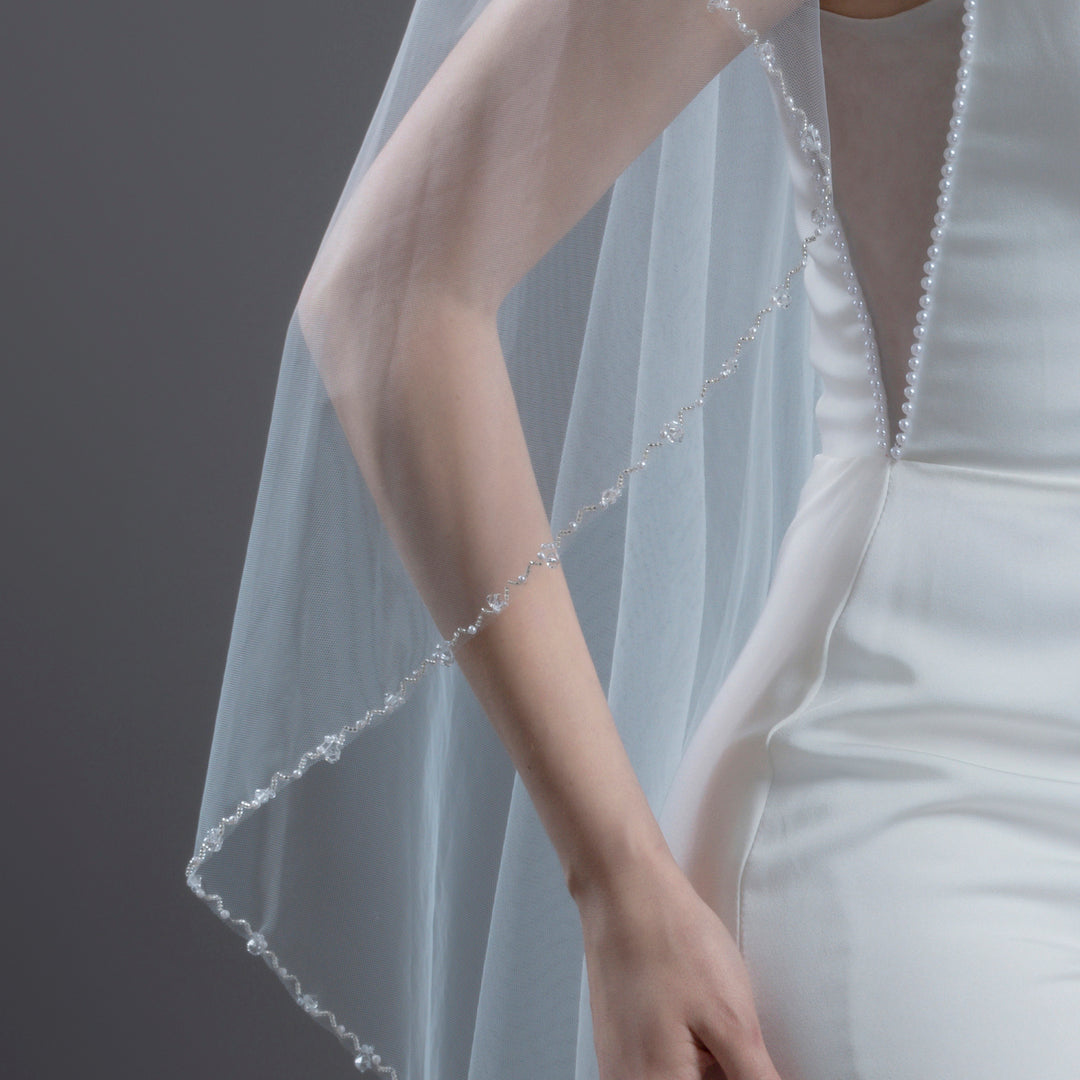 Angel Cut Bridal Veil with Bicone Crystal and Faux Pearls, Fine Illusion Tulle, Knee Length FS6244-AC