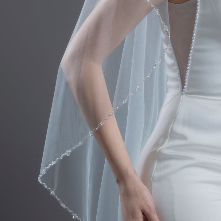 Angel Cut Bridal Veil with Bicone Crystal and Faux Pearls, Fine Illusion Tulle, Knee Length FS6244-AC