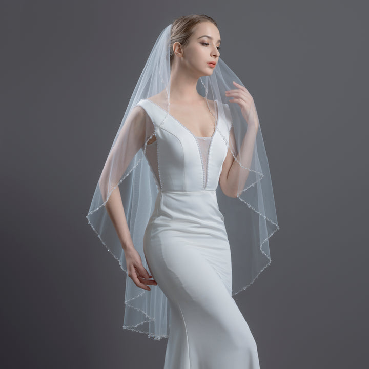 Angel Cut Bridal Veil with Bicone Crystal and Faux Pearls, Fine Illusion Tulle, Knee Length FS6244-AC